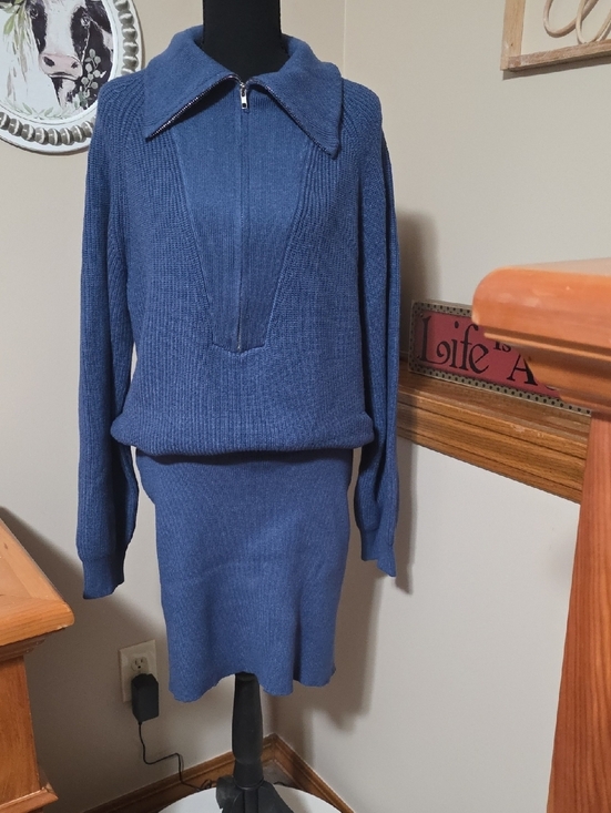 Deep Self Dresses & Skirts - Blue Long-Sleeve Knit Dress with Zip Collar
